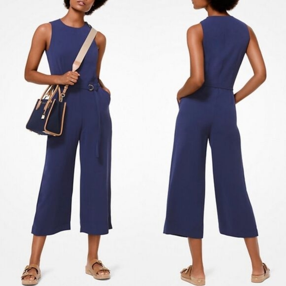 MICHAEL Michael Kors Navy Blue Cady Sleeveless Belted Wide Leg Jumpsuit Medium